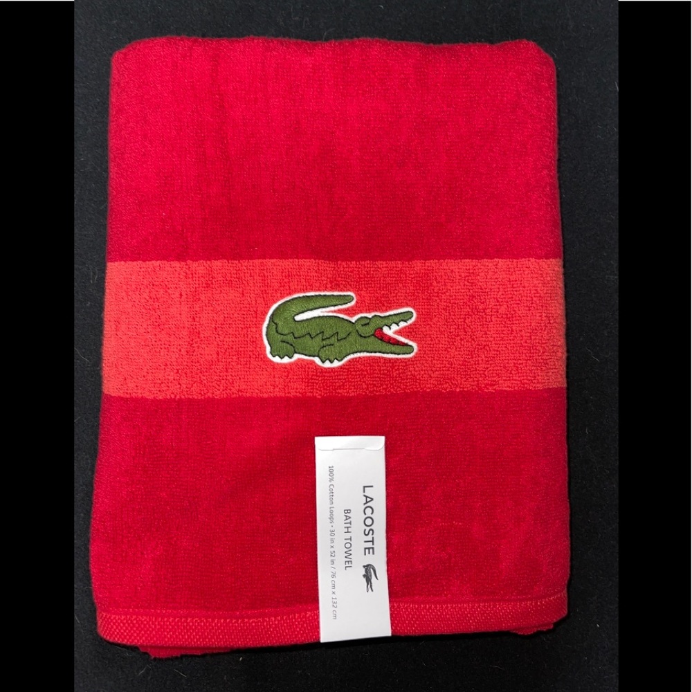 Lacoste Bath Towel 100% Cotton Loops Colorblocked Red Crimson 30x52 OEKO-TEX